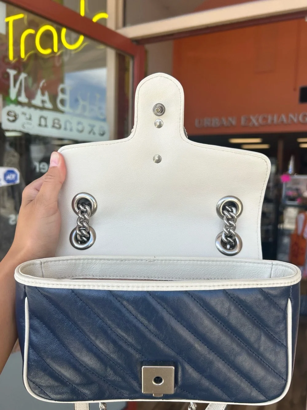 Navy Gucci Marmont Chain Shoulder Bag